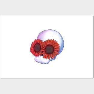 Skull with red flowers Posters and Art